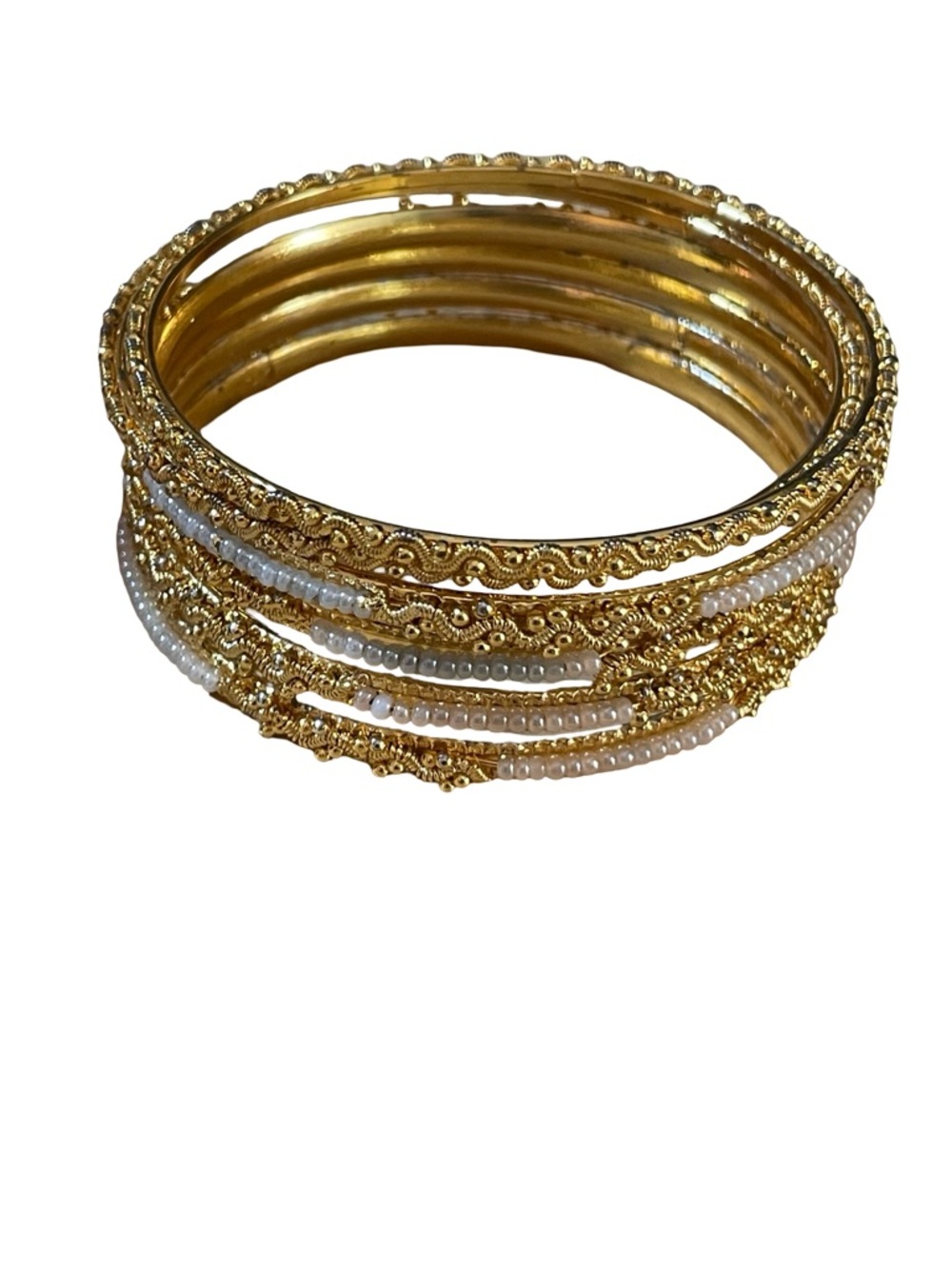 Bangle bracelet set of 6 gold tone white seed beads 7 inches approximately small - Picture 6 of 16